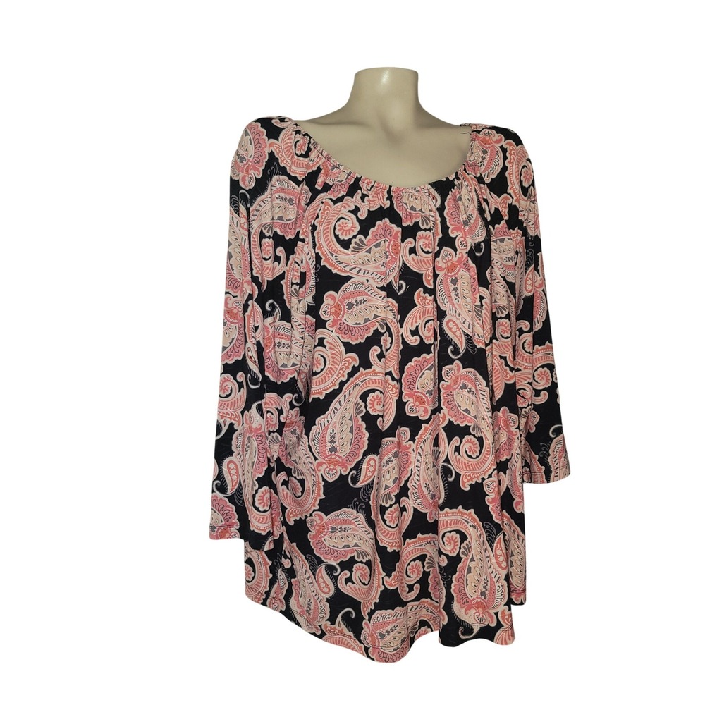 Croft & Barrow Womens 2X Paisley Tunic Top 3/4 Sleeve Navy‎ Pink Coral Plus Size